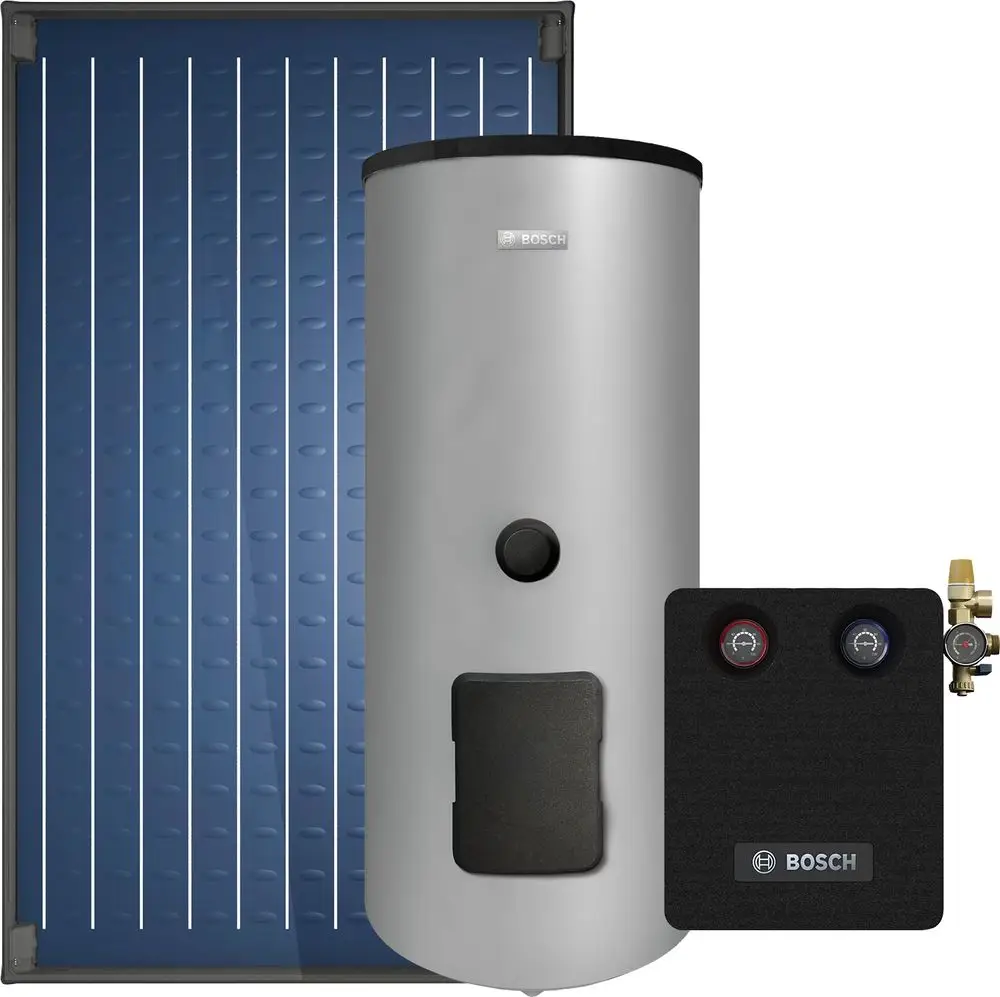 Bosch Solar-Basic-Paket mit einem Solarkollektor und einem Speichersystem, einschließlich Anschlusszubehör und Bedienelementen. Ideal für die Nutzung solarer Energien.